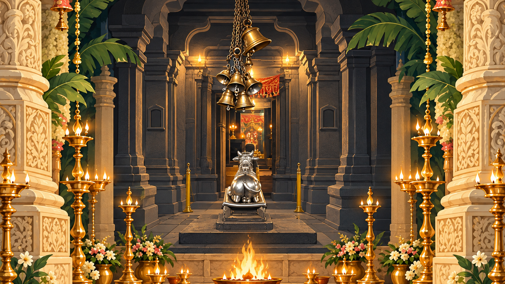 Vector-style Nandi hall framed by ceremonial lamps, based on the supplied Kedarnath interior photograph