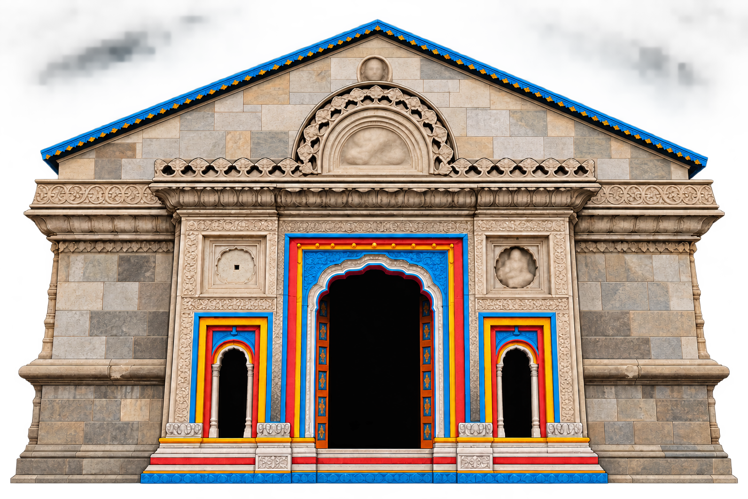 Clean illustrated Kedarnath facade with stone gable and colourful doorway