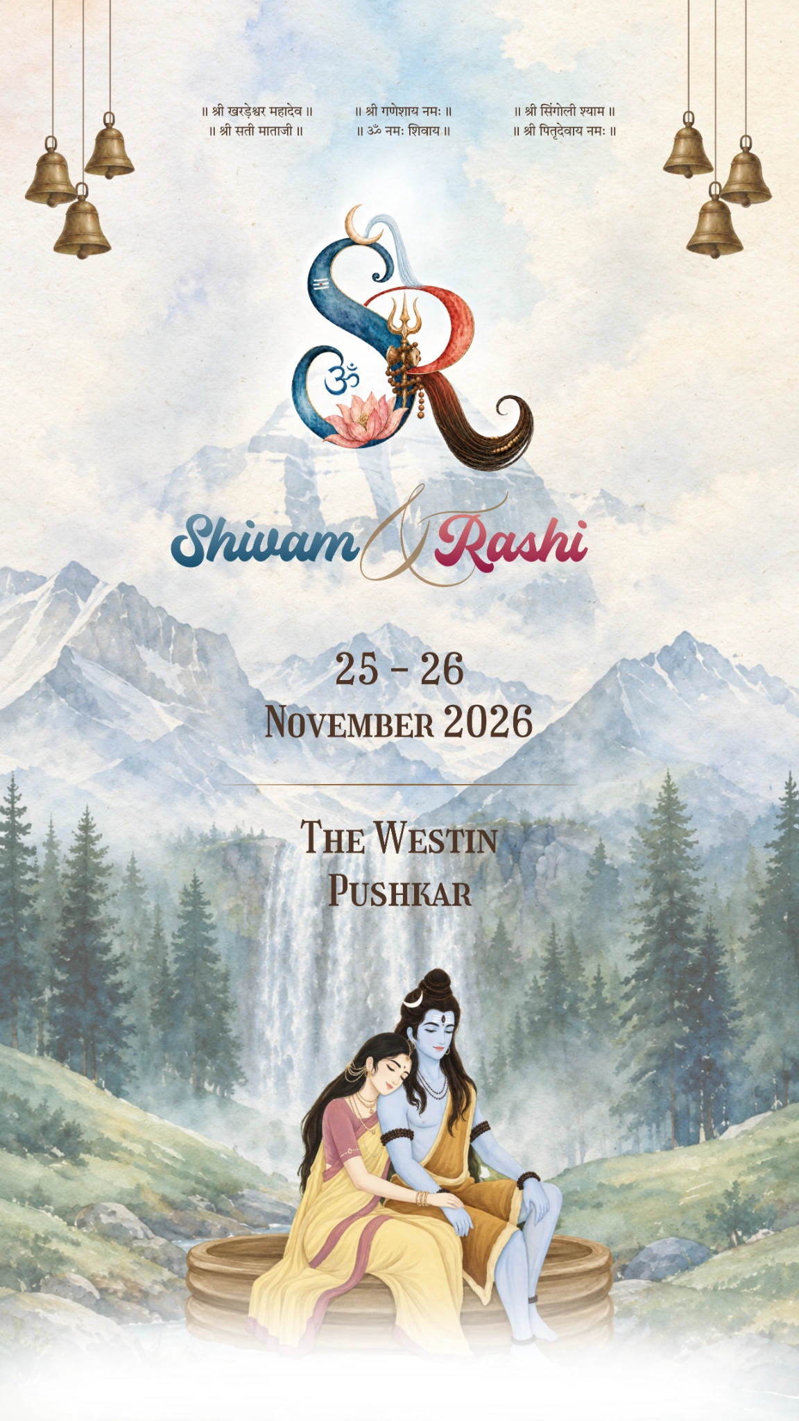 Shivam and Rashi. 25–26 November 2026. The Westin Pushkar. Mount Kailash, Shiva and Parvati, and the wedding monogram.